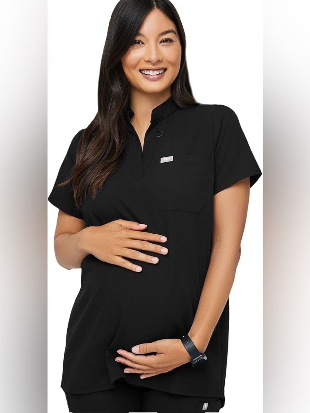 Figs Kitale Maternity Top. Black Short-Sleeve Scrub Tunic with Mandarin Collar
